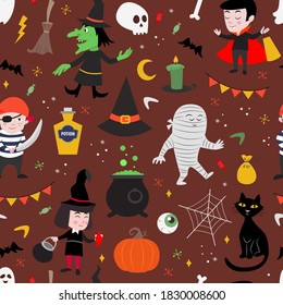 Cute, seamless vector pattern for kids. Halloween holiday. 