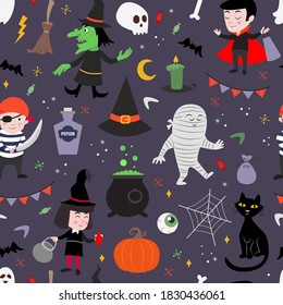 Cute, seamless vector pattern for kids. Halloween holiday. 