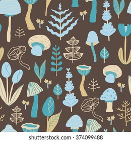 Cute seamless vector pattern with leafs, tulip flowers and mushrooms