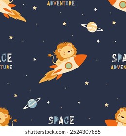 Cute seamless vector pattern. Cute lion flying on a rocket to space, stars, lettering space adventure