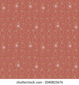 Cute seamless vector pattern with little white Christmas balls hanging on green strings with snow flakes on red background. Minimal geometric Vector Illustration for greeting cards and wrapping paper.