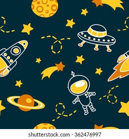 Cute seamless vector pattern with lovely astronauts, comets, stars, planets,moon and rockets. Kids colorful wallpapers, hand drawn funny background.