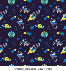 Cute seamless vector pattern with lovely astronauts, comets, stars, planets,moon and rockets. Kids colorful wallpapers, hand drawn funny background.