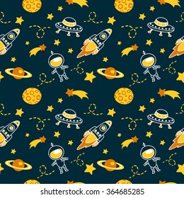 Cute seamless vector pattern with lovely astronauts, comets, stars, planets,moon and rockets. Kids colorful wallpapers, hand drawn funny background.