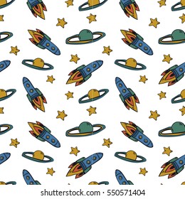 Cute seamless vector pattern with lovely astronauts, comets, stars, planets,moon and rockets. Kids colorful wallpapers, hand drawn funny background.