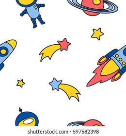 Cute seamless vector pattern with lovely astronauts, comets, stars, planets and rockets. Kids colorful wallpapers, hand drawn funny background and textile ornament.
