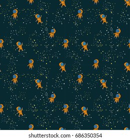 Cute seamless vector pattern with lovely astronauts stars a space. Kids colorful wallpapers, hand drawn funny cartoon background, surface print.