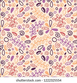 Cute seamless vector pattern made of small hand drawn plant elements. Perfect as wrapping paper, wallpapers, phone case or textile pattern.Soft pink, coral and purple colors.