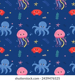 Cute seamless vector pattern with marine animals, marine life, crab, whale, shark, octopus, cute baby pattern