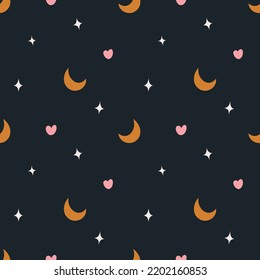 Cute seamless vector pattern with moon and star elements. Modern background.