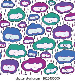 Cute seamless vector pattern with multicolored rain clouds and rain drops in cartoon style