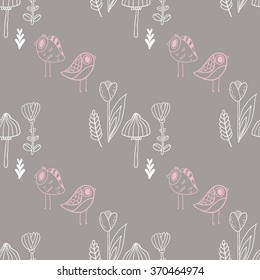 Cute seamless vector pattern with mushroom, leafs, tulip flowers and cute birds in pastel colors