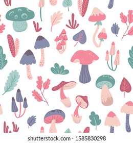 Cute seamless vector pattern with mushrooms and leaves on a white background for nursery design. Pink, green and blue trendy colors.