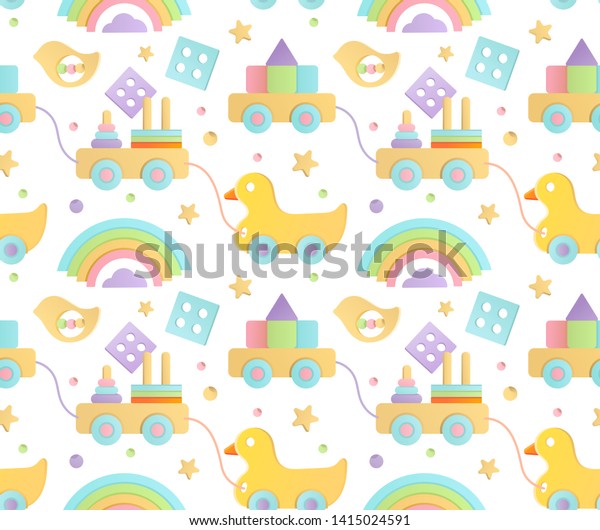 Cute seamless vector pattern with natural wooden\
eco toys in pastel colors