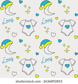 Cute seamless vector pattern for New Year with baby bodysuits, crescent moons in Santa hats, hearts, stars, and the word “Love.” Ideal for holiday baby products.