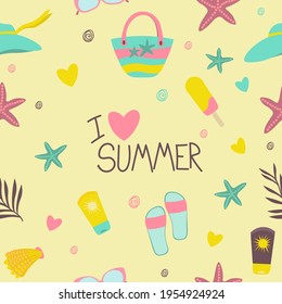 Cute seamless vector pattern palm leaf, ice cream,  hat, bag, sunglasses.
For card or print, or wallpaper or wrapping paper or cloth.
