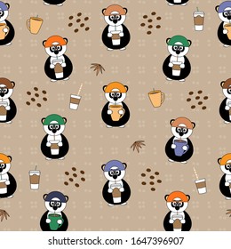 cute seamless vector pattern with panda drinking from cup with straw, bamboo leaves and coffee beans, set of 2, with and without transparent background