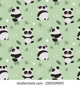 Cute seamless vector pattern with Panda Bears on Bamboo branches, leaves and plants