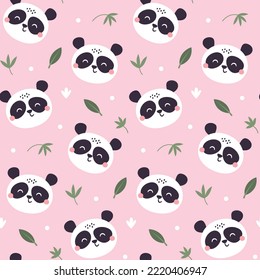 Cute seamless vector pattern with Panda Bears, Bamboo branches, leaves and plants