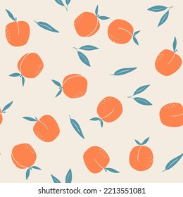 Cute seamless vector pattern with peaches and leaves on beige background. Hand-drawn repeat background with peach. For the design of textiles, fabric, wallpaper, wrapping paper.