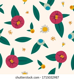 Cute seamless vector pattern with peony and chamomile flowers. Floral background for print, package design, wallpaper, cards and invitation, spring fashion textile
