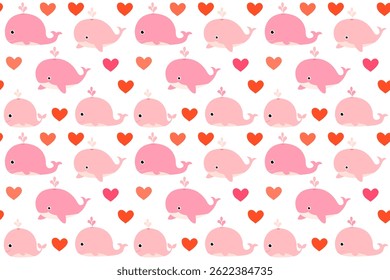Cute seamless vector pattern with pink whales and red hearts on white background for summer kids designs
