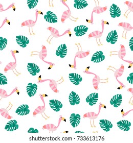 Cute seamless vector pattern. Pink flamingos and palm leaves.