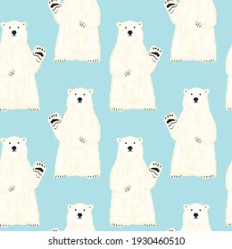 Cute seamless vector pattern with polar bears on blue background