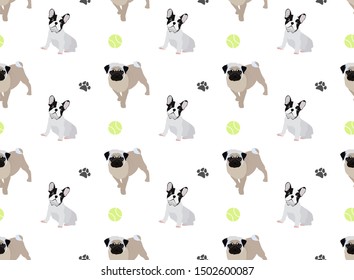 Cute seamless vector pattern pug and French bulldog paw print tennis ball adorable dogs popular breeds perfect for wrapping paper and fabric 