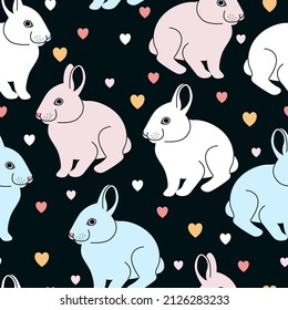 Cute seamless vector pattern with rabbits and hearts on a black background