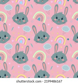 Cute seamless vector pattern with rabbits, hearts, clouds, rainbows and stars. Seamless vector printing on children's fabrics, wallpaper, textiles.