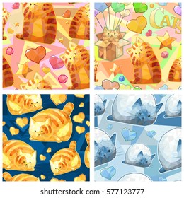 Cute seamless vector pattern set, funny polygon cat collection