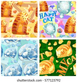 Cute seamless vector pattern set, funny polygon cat collection