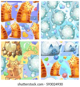 Cute seamless vector pattern set, funny colorful polygon cat collection
