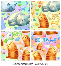 Cute seamless vector pattern set, funny colorful polygon cat collection