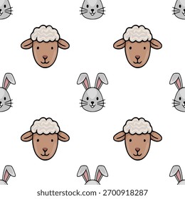 Cute seamless vector pattern of sheep and rabbit faces with minimalist cartoon style and soft pastel colors, perfect for children's themed backgrounds.