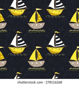 Cute seamless vector pattern with ships on blue background