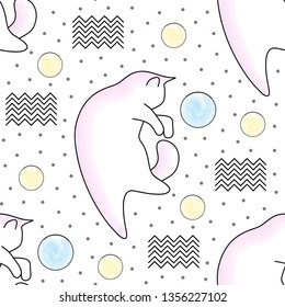 Cute seamless vector pattern with silhouette of a cat and simple geometric shapes. Pastel colors, watercolor style.