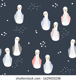 Cute seamless vector pattern with sleepy colorful bright swans and snow on lake. Simple minimalist digital paper for print on fabric or wrapping paper with winter or Christmas theme for kid and baby