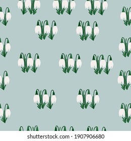cute seamless vector pattern with snowdrops, flowers arranged in groups of three, buds white, leaves green, placed on an isolated background, stock illustration