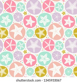 Cute seamless vector pattern with starfishes in circles. Vector illustration in pastel colors.