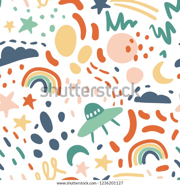 Cute\
seamless vector pattern with stars, rainbow, moon, clouds, ufo. Fun\
abstract texture with brush strokes, abstract shapes. Fun modern\
original background. Trendy creative background\
