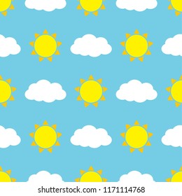 Cute seamless vector pattern with sun and clouds on blue background