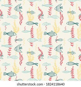 Cute seamless vector pattern of swimming fish surrounded by algae. Concept for a fish restaurant. Background wallpaper, wrapping paper, cards and fabrics.