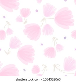 cute seamless vector pattern with tender flowers in pink pastel colors for baby girl design