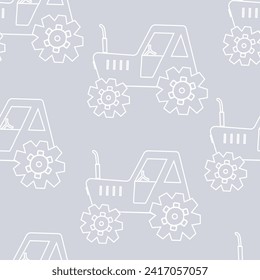 Cute seamless vector pattern with tractor. Tractor on gray background. Baby pattern for fabric, newborn clothes, wallpaper, packaging. 