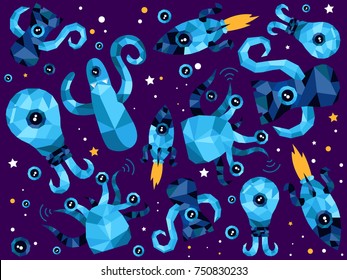 Cute seamless vector pattern with universe aliens and monsters characters. Funny simple vector polygonal illustrations with space ufo blue creatures. Stars and galactic dark background.
