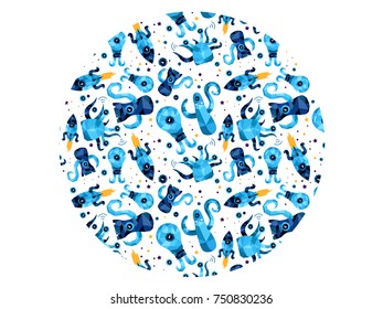 Cute seamless vector pattern with universe aliens and monsters characters. Funny simple vector polygonal illustrations with space ufo creatures. Stars and galactic  seamless background in round shape.