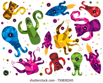 Cute seamless vector pattern with universe aliens and monsters characters. Funny simple vector polygonal illustrations with space ufo colorful creatures. Stars and galactic white background.