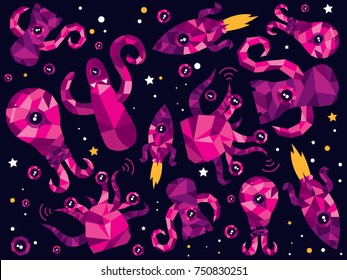 Cute seamless vector pattern with universe aliens and monsters characters. Funny simple vector polygonal illustrations with space ufo pink creatures. Stars and galactic dark background.